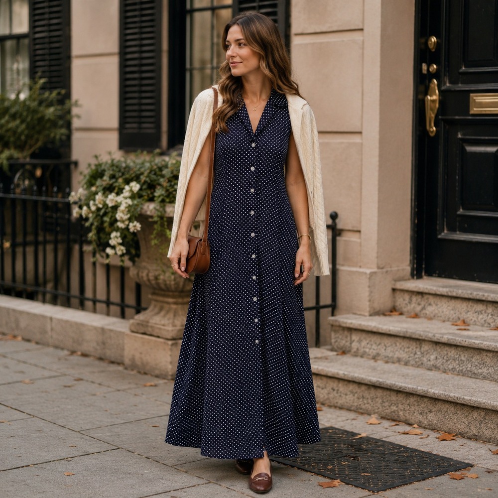 Vintage 90s Navy Polka Dot Button Front Maxi Shirt Dress Size 6 Minimalist USA
